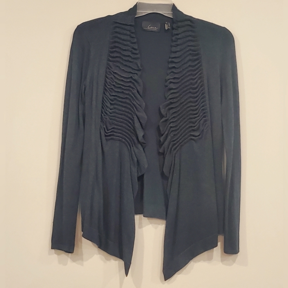 Blended Cashmere Open Cardigan Muted Deep Teal Pleats & Ruffles Hi Lo Cozy  Boho